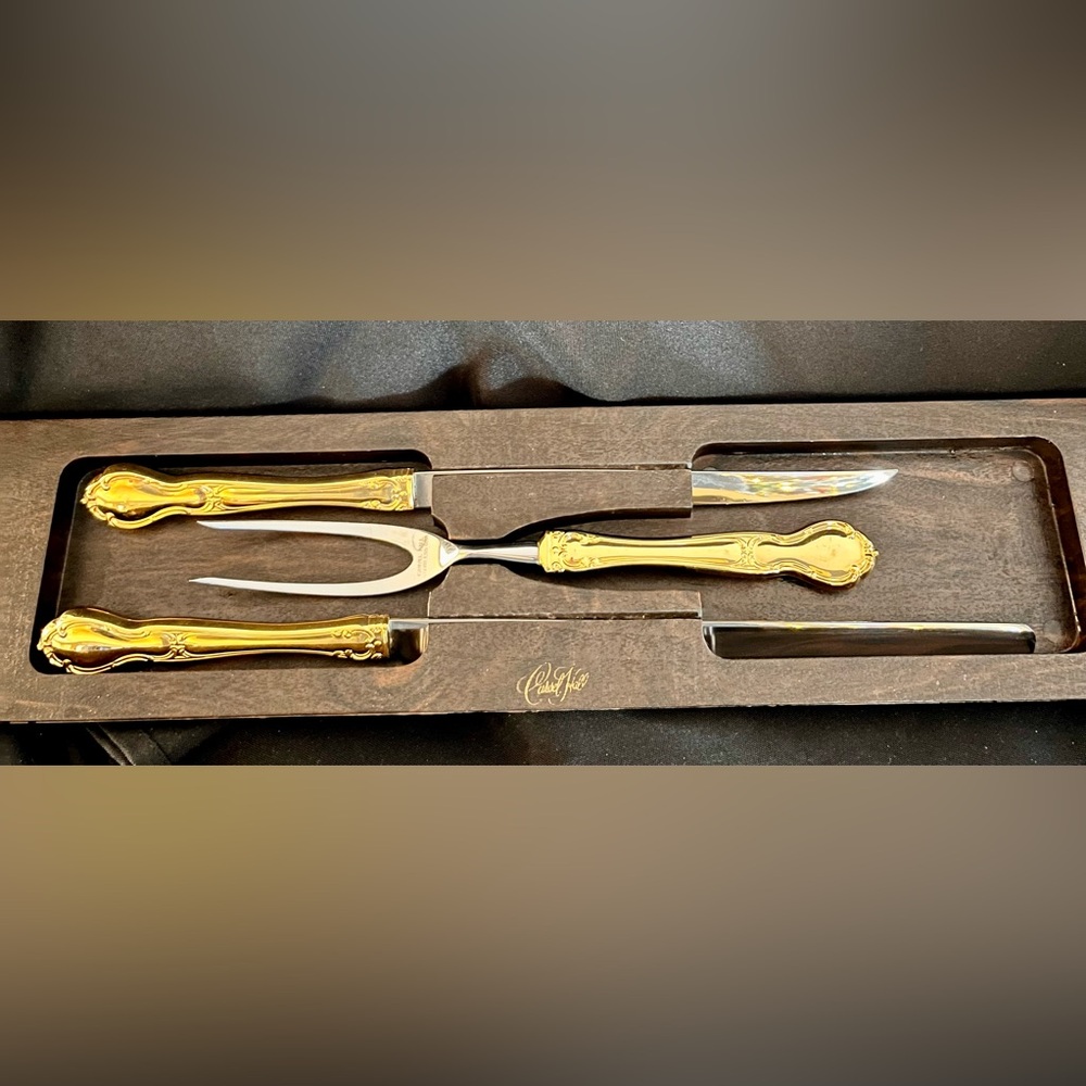 VTG Carvel Hall Gold Carving Set 3pc Mid Century Modern MCM Knife Fork Host Retr - Picture 3 of 12